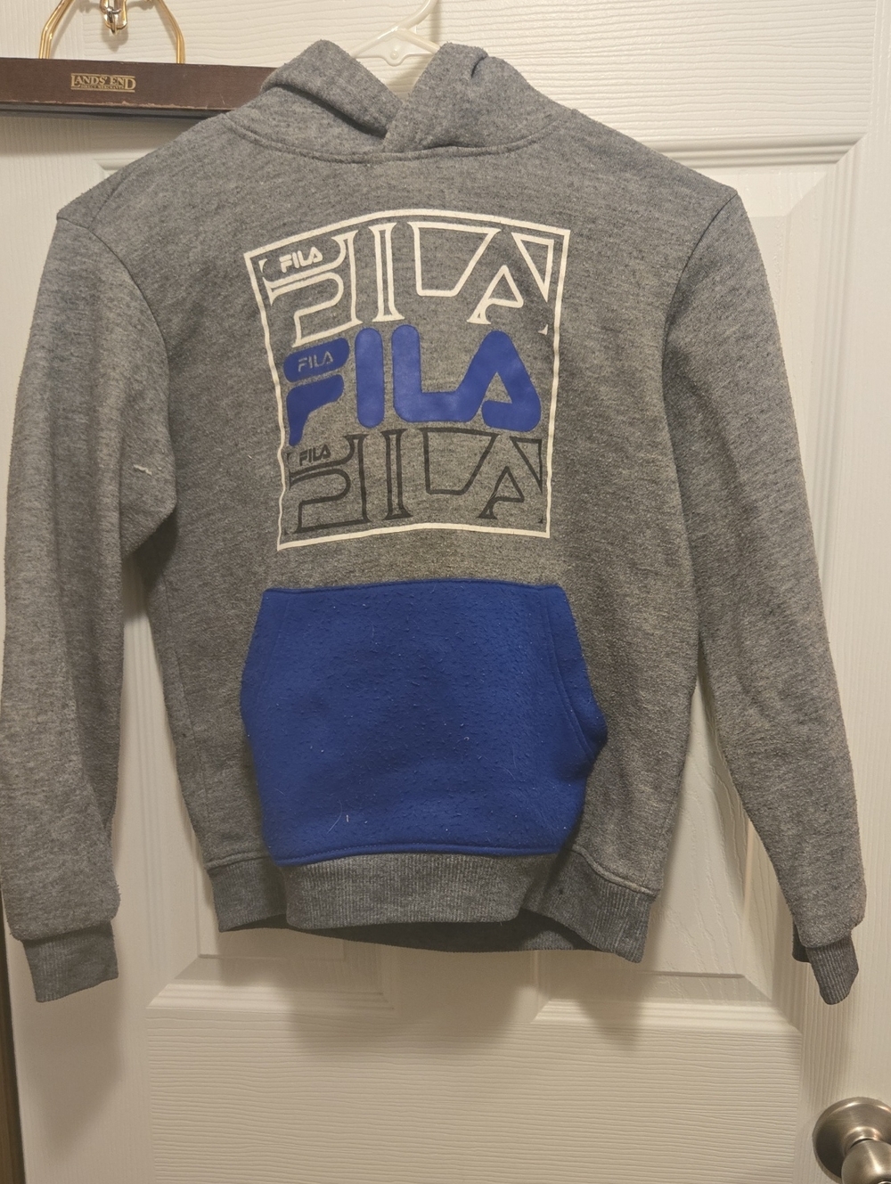 FILA Men's Gray Crewneck Hoodie with Blue Front Pocket and Logo
